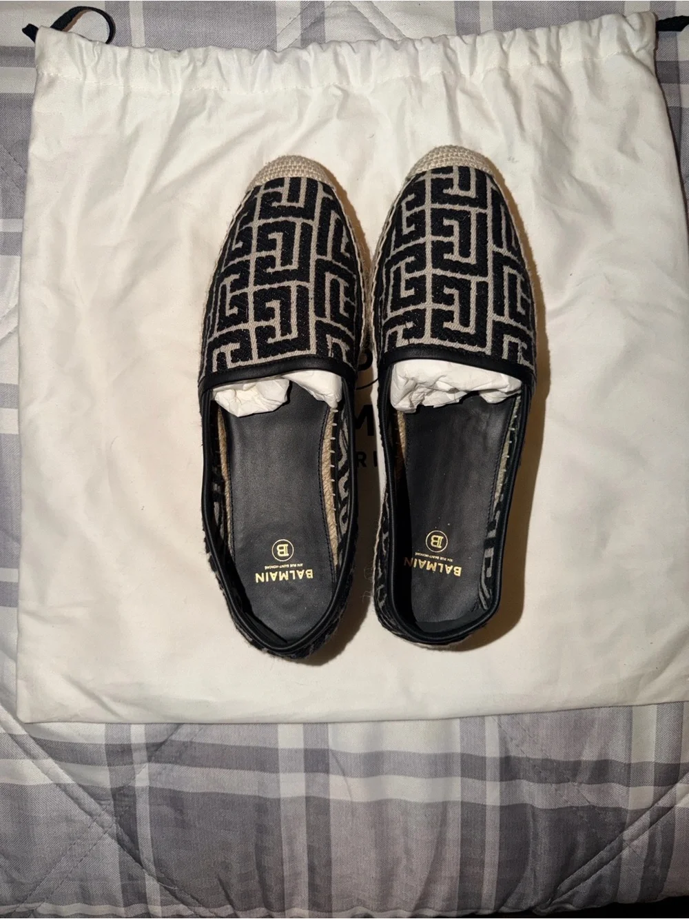 Balmain Black and Cream Geometric Espadrille Platform Loafers